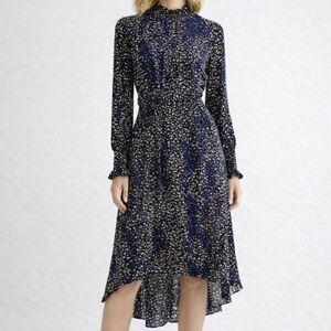 Nanette Lepore Navy & Beige Smocked High Neck Long Sleeve Dress